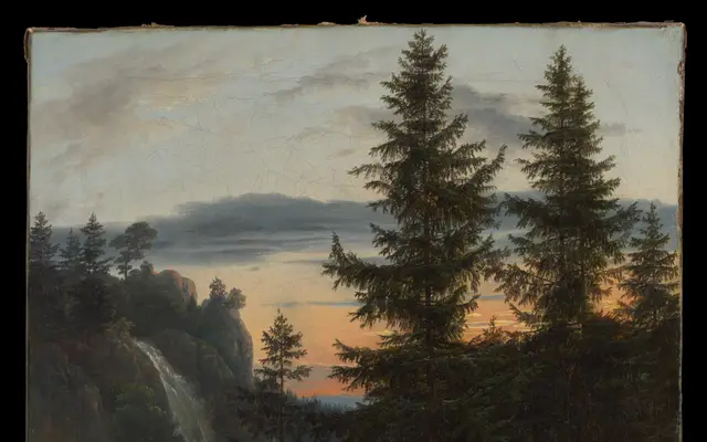 Two Men before a Waterfall at Sunset