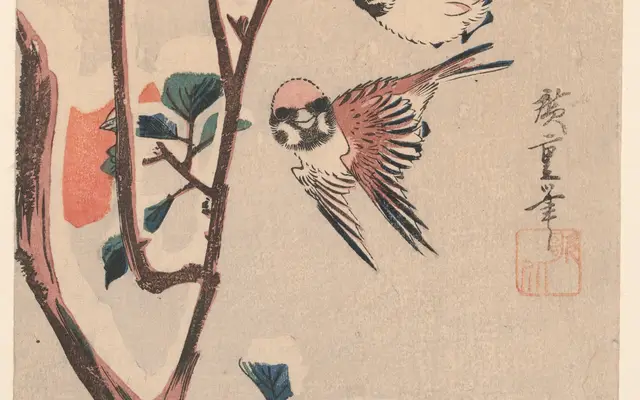 Sparrows and Camellia in Snow